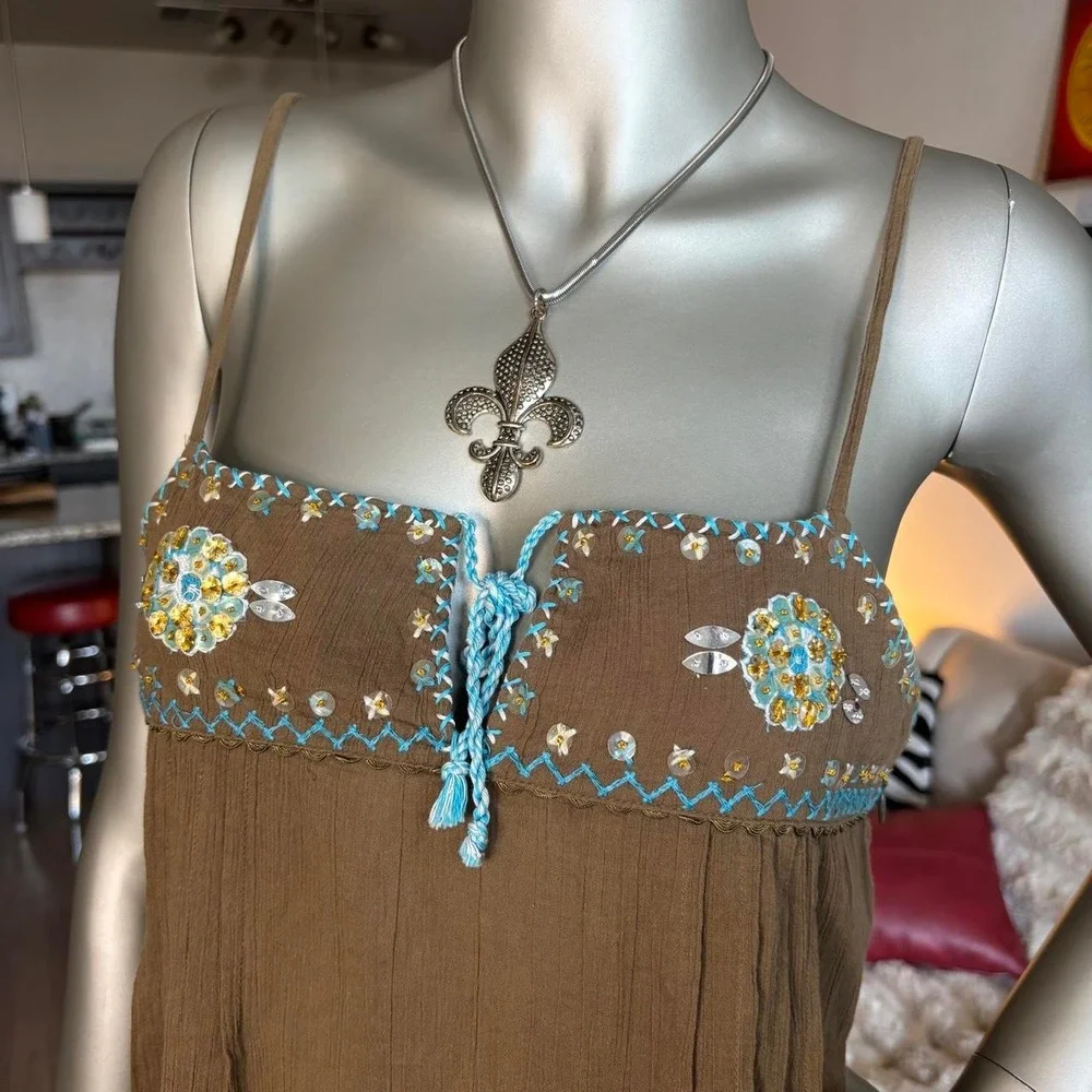 Free People Boho Embroidered Cotton Cami Tank Festival Fairy🧚♀️